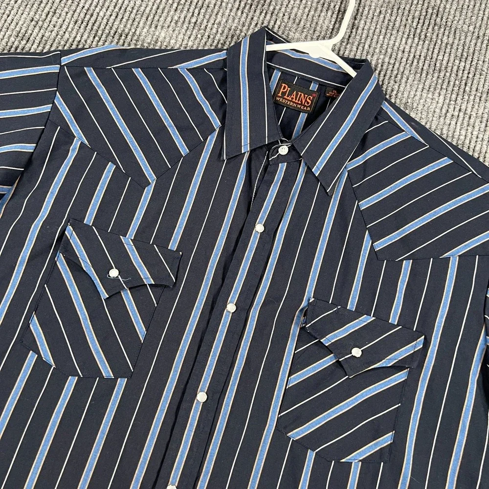 Plains Western Wear Shirt‎ Mens XL Extra Large Blue Striped Short Sleeve Snap